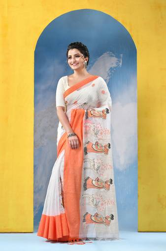 orange traditional bengal handloom sakuntala soft cotton sarees for saree with blouse piece