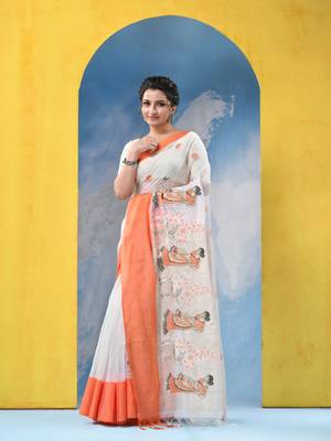 orange traditional bengal handloom sakuntala soft cotton sarees for saree with blouse piece 2