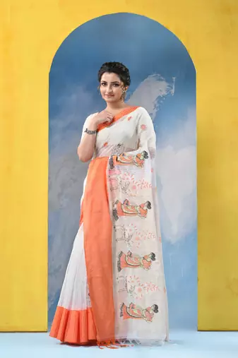 orange traditional bengal handloom sakuntala soft cotton sarees for saree with blouse piece