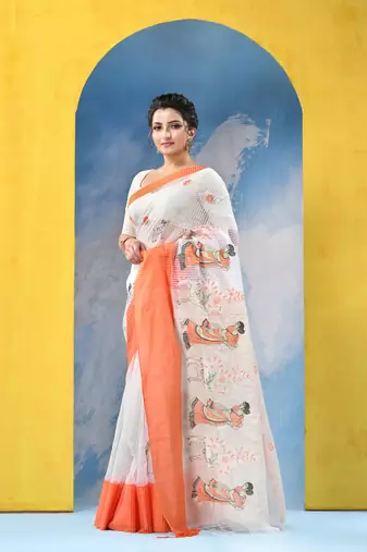 orange traditional bengal handloom sakuntala soft cotton sarees for saree with blouse piece
