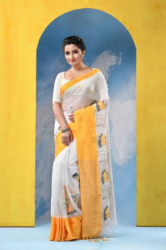 yellow traditional bengal handloom sakuntala soft cotton sarees for saree with blouse piece