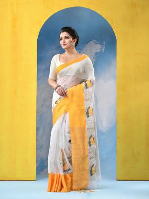 yellow traditional bengal handloom sakuntala soft cotton sarees for saree with blouse piece 2