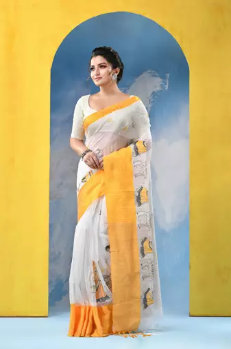 yellow traditional bengal handloom sakuntala soft cotton sarees for saree with blouse piece