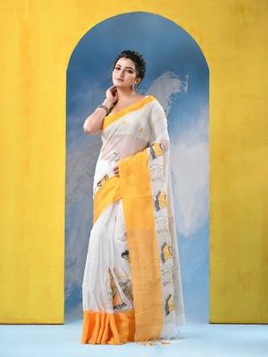yellow traditional bengal handloom sakuntala soft cotton sarees for saree with blouse piece 3
