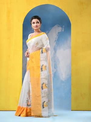 yellow traditional bengal handloom sakuntala soft cotton sarees for saree with blouse piece 4
