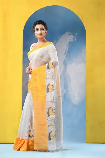 yellow traditional bengal handloom sakuntala soft cotton sarees for saree with blouse piece
