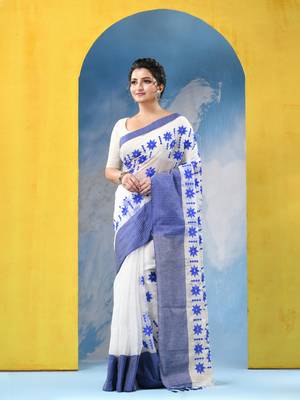 blue traditional bengal handloom star soft cotton sarees for saree with blouse piece 2