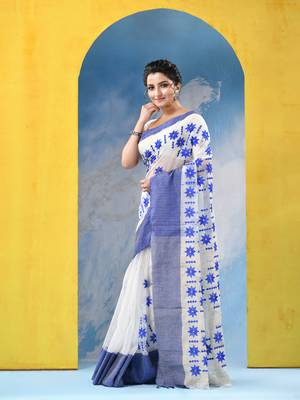 blue traditional bengal handloom star soft cotton sarees for saree with blouse piece 3