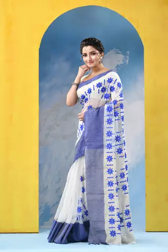 blue traditional bengal handloom star soft cotton sarees for saree with blouse piece