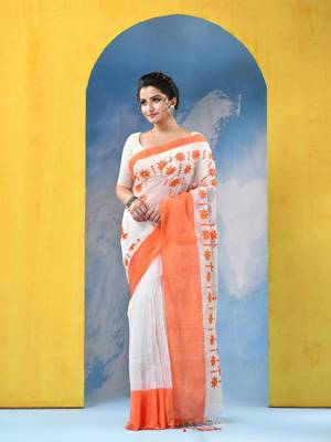 orange traditional bengal handloom star soft cotton sarees for saree with blouse piece 1