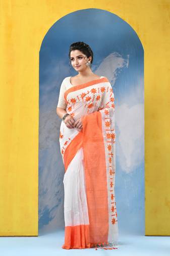 orange traditional bengal handloom star soft cotton sarees for saree with blouse piece