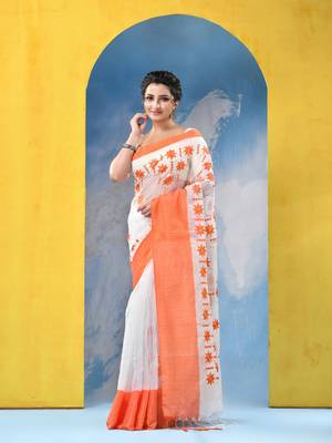 orange traditional bengal handloom star soft cotton sarees for saree with blouse piece 2