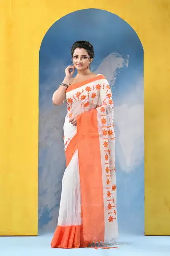 orange traditional bengal handloom star soft cotton sarees for saree with blouse piece