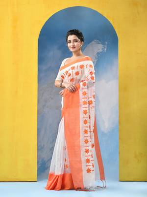 orange traditional bengal handloom star soft cotton sarees for saree with blouse piece 3