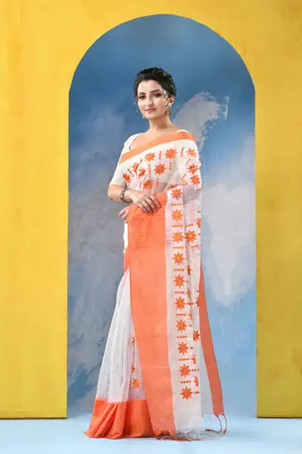 orange traditional bengal handloom star soft cotton sarees for saree with blouse piece