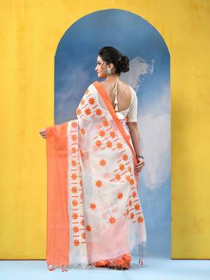 orange traditional bengal handloom star soft cotton sarees for saree with blouse piece 5