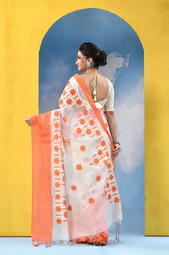 orange traditional bengal handloom star soft cotton sarees for saree with blouse piece