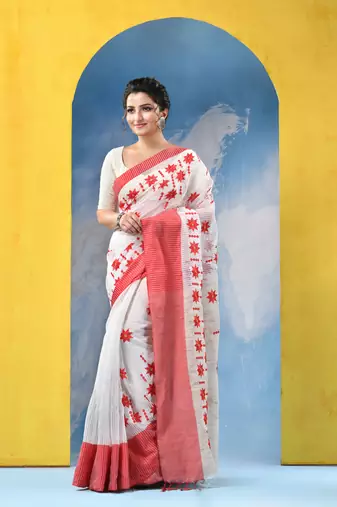 red traditional bengal handloom star soft cotton sarees for saree with blouse piece