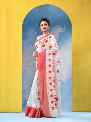 red traditional bengal handloom star soft cotton sarees for saree with blouse piece 3