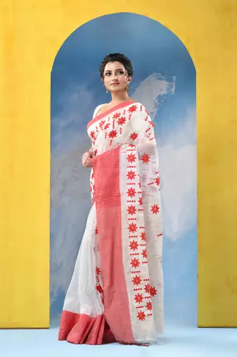 red traditional bengal handloom star soft cotton sarees for saree with blouse piece