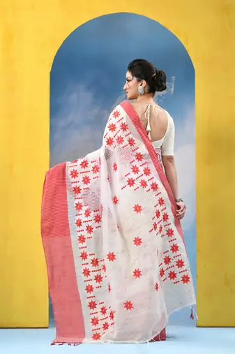 red traditional bengal handloom star soft cotton sarees for saree with blouse piece