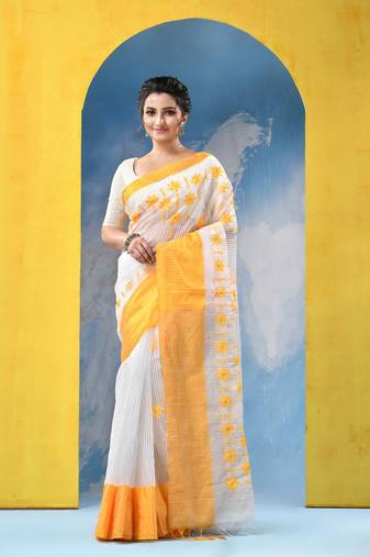 yellow traditional bengal handloom star soft cotton sarees for saree with blouse piece