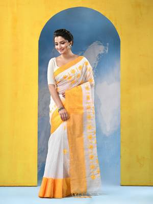yellow traditional bengal handloom star soft cotton sarees for saree with blouse piece 2