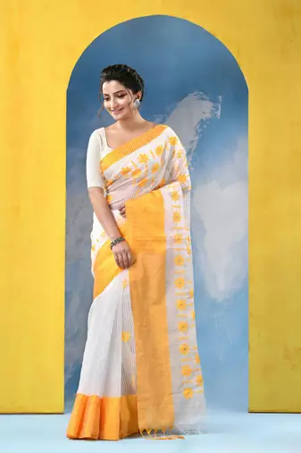yellow traditional bengal handloom star soft cotton sarees for saree with blouse piece