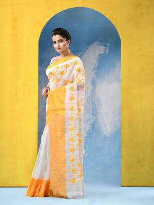 yellow traditional bengal handloom star soft cotton sarees for saree with blouse piece 3