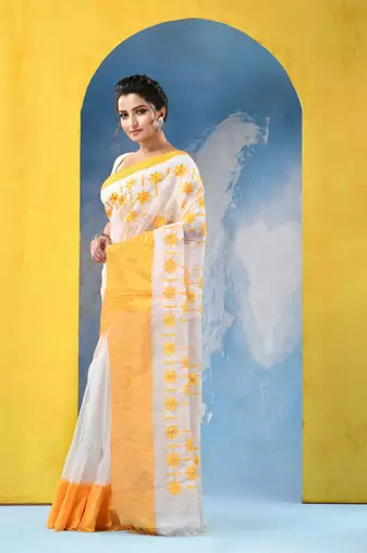 yellow traditional bengal handloom star soft cotton sarees for saree with blouse piece
