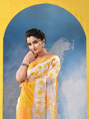 yellow traditional bengal handloom star soft cotton sarees for saree with blouse piece 4