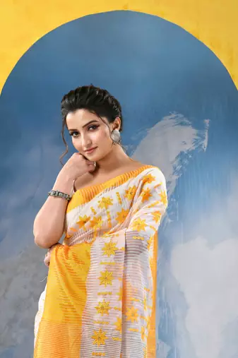 yellow traditional bengal handloom star soft cotton sarees for saree with blouse piece