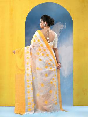 yellow traditional bengal handloom star soft cotton sarees for saree with blouse piece 5
