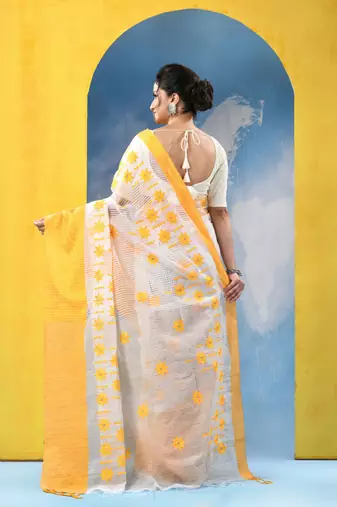 yellow traditional bengal handloom star soft cotton sarees for saree with blouse piece