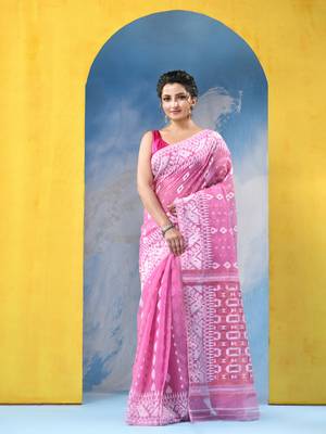 Pink Resham Dhakai Jamdani Cotton Handloom Saree Golden Diamond Jamdani Saree Without Blouse 1