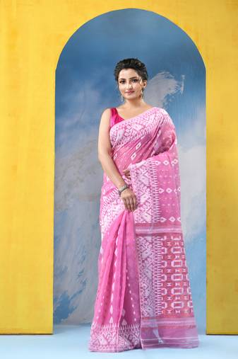 Pink Resham Dhakai Jamdani Cotton Handloom Saree Golden Diamond Jamdani Saree Without Blouse