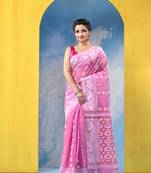 Pink Resham Dhakai Jamdani Cotton Handloom Saree Golden Diamond Jamdani Saree Without Blouse