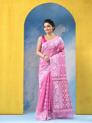 Pink Resham Dhakai Jamdani Cotton Handloom Saree Golden Diamond Jamdani Saree Without Blouse 2
