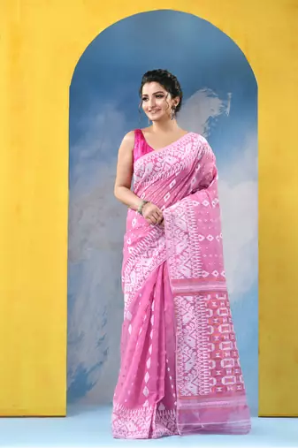 Pink Resham Dhakai Jamdani Cotton Handloom Saree Golden Diamond Jamdani Saree Without Blouse