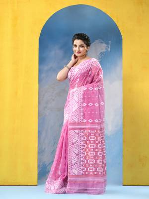 Pink Resham Dhakai Jamdani Cotton Handloom Saree Golden Diamond Jamdani Saree Without Blouse 3