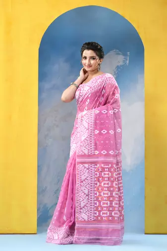 Pink Resham Dhakai Jamdani Cotton Handloom Saree Golden Diamond Jamdani Saree Without Blouse