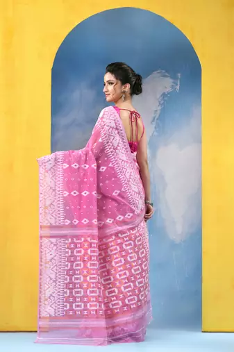 Pink Resham Dhakai Jamdani Cotton Handloom Saree Golden Diamond Jamdani Saree Without Blouse