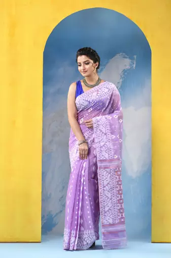 Purple Resham Dhakai Jamdani Cotton Handloom Saree Golden Diamond Jamdani Saree Without Blouse