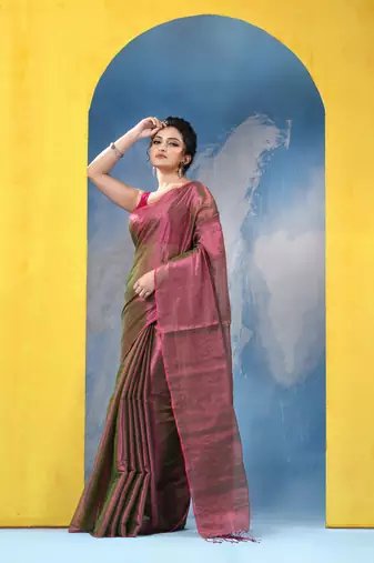 bengal Magenta color changer tissue pure handloom cotton saree with blouse piece