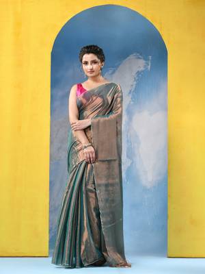 Green tissue pure handloom cotton saree with blouse piece 1