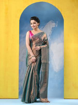 Green tissue pure handloom cotton saree with blouse piece 2