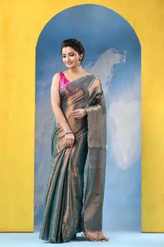Green tissue pure handloom cotton saree with blouse piece