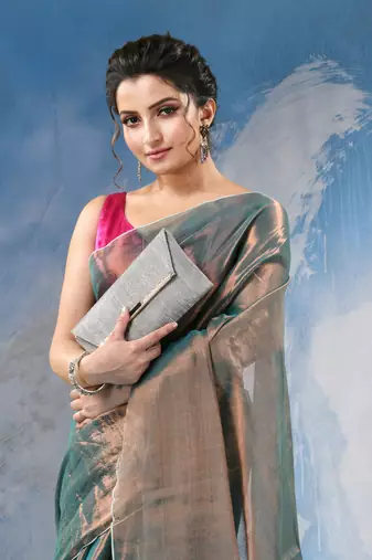 Green tissue pure handloom cotton saree with blouse piece