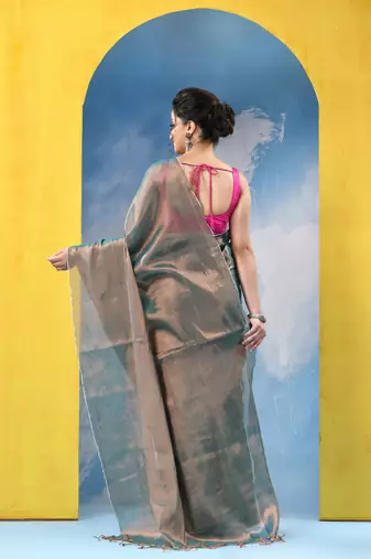 Green tissue pure handloom cotton saree with blouse piece