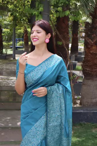 Sky Blue banarasi Style Indian Treaditional silk blend saree with Beautiful Blouse